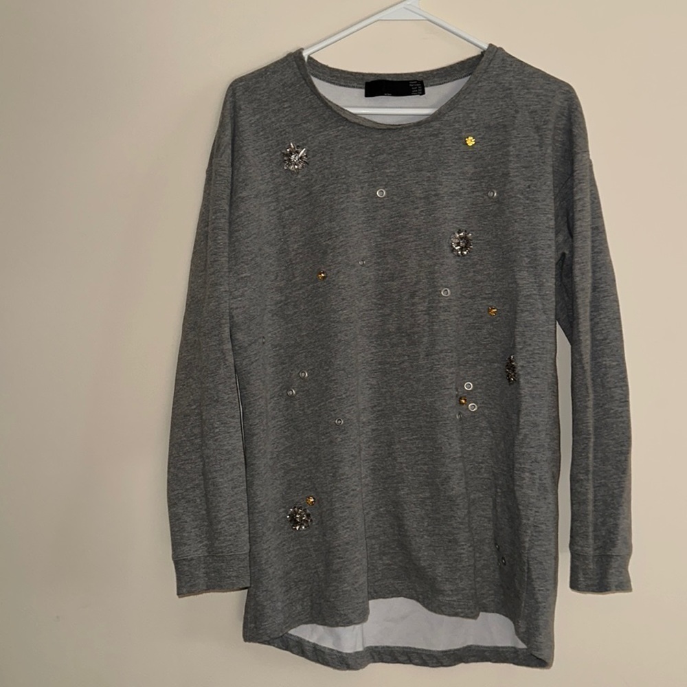 Zara grey long sleeve rhinestone embellished crew neck fleece sweater Sz  M